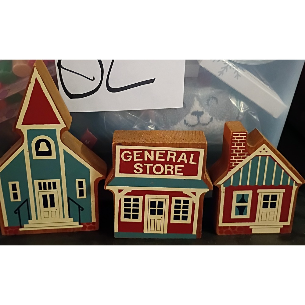 Vintage Wooden Block Village Set Church General Store Cottage Home Decor 3pc